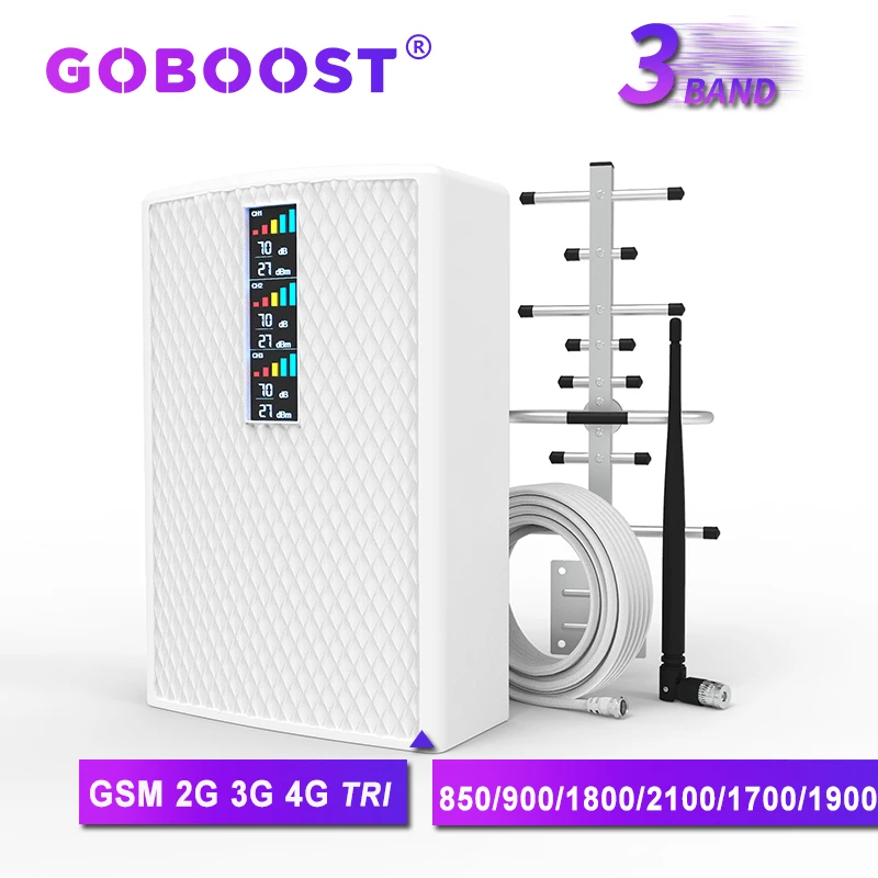GOBOOST amplificador de señal celular de tres bandas Gsm 2g 3g 4g 900 1800 2100 amplificador de teléfono móvil 850 1700 1900 MHz 70dB Kit repetidor
