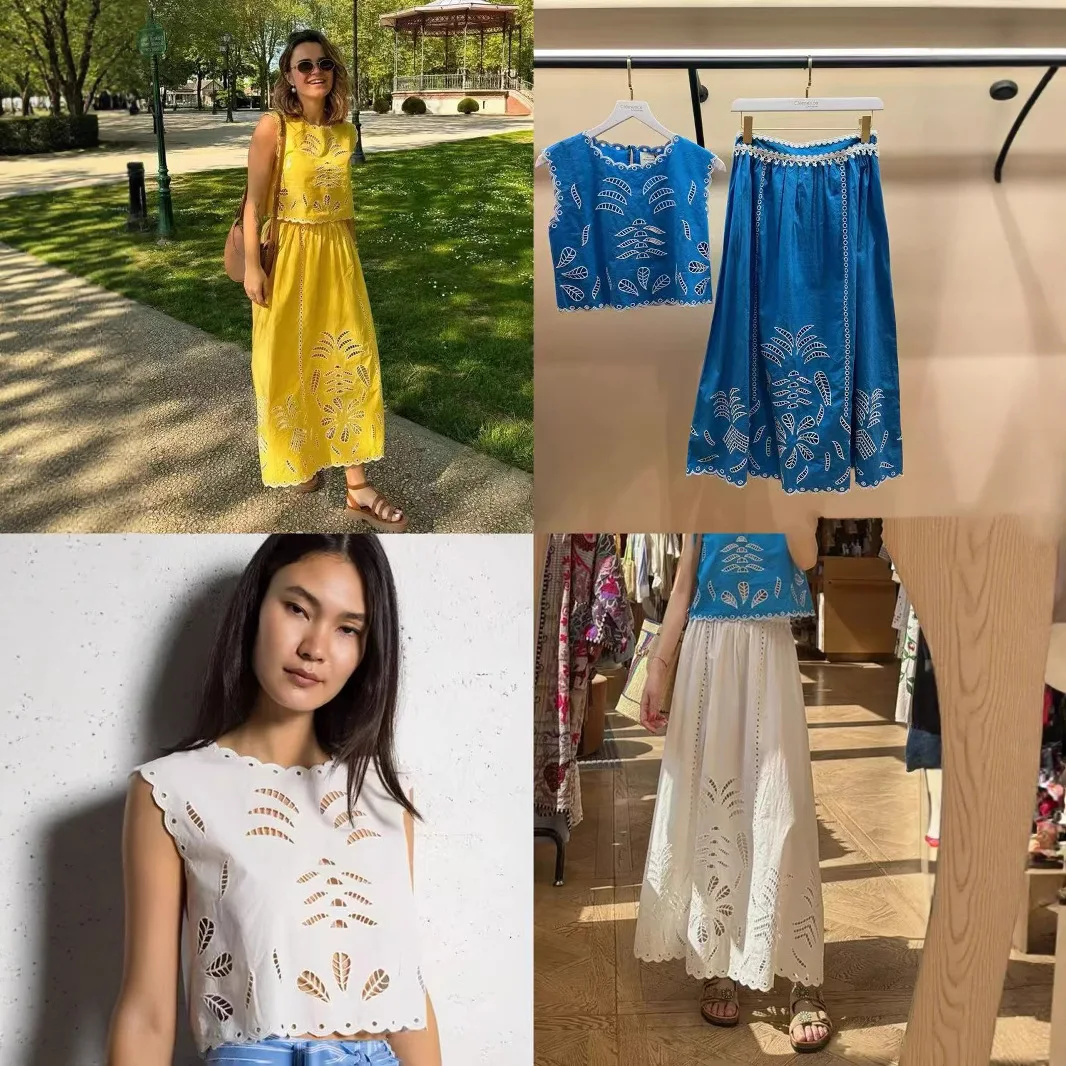 

Elegant Two-Piece Set Embroidered Lace Hook Flower Wave Sleeveless Vest High Waist Skirt French Style Fashion Ensemble