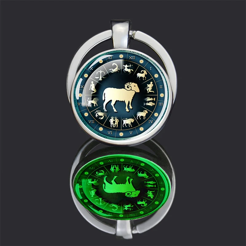 12 Constellation Keychains Luminous Zodiac Sign Glass Dome Double Side Pendant Key Chains Birthday Gift Car Keyring  Accessory
