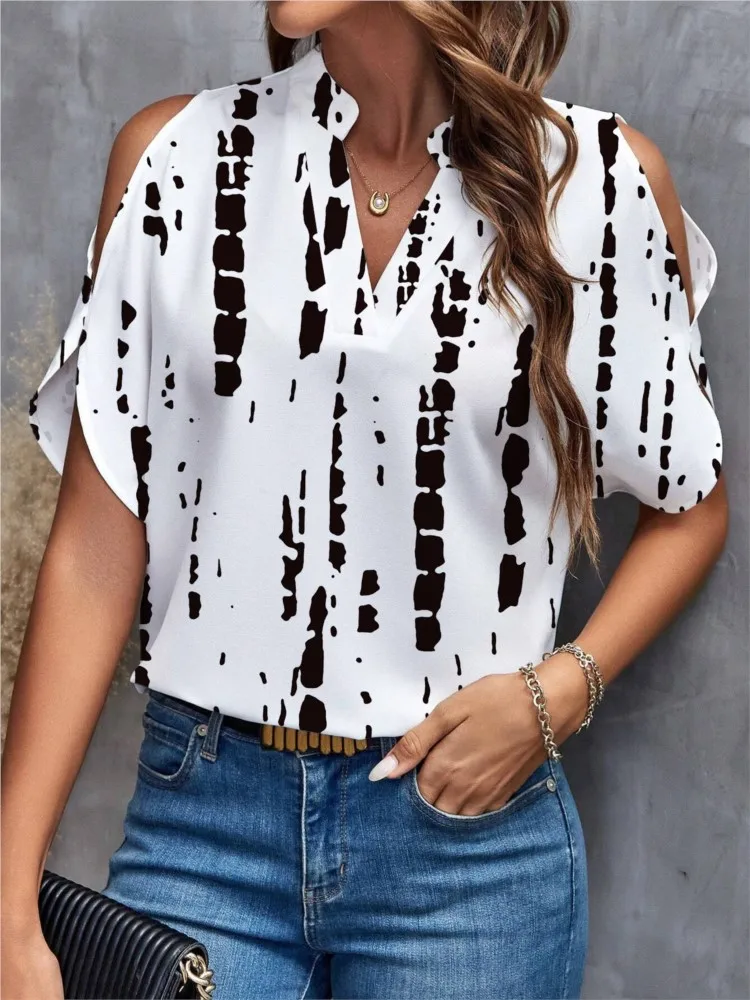 Sexy V Neck Short Sleeve Shirt Blouse Tops Office Lady Spring Summer Casual Loose Flower Print Tshirt For Women 2024 Female Tees