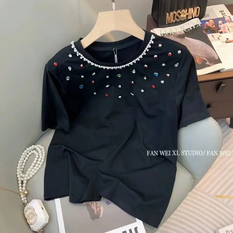 Luxury Colorful Rhinestones Short Sleeve Modal Cotton Tshirt For Women Summmer Slim T Shirt Tops Tees Korean Popular Clothes