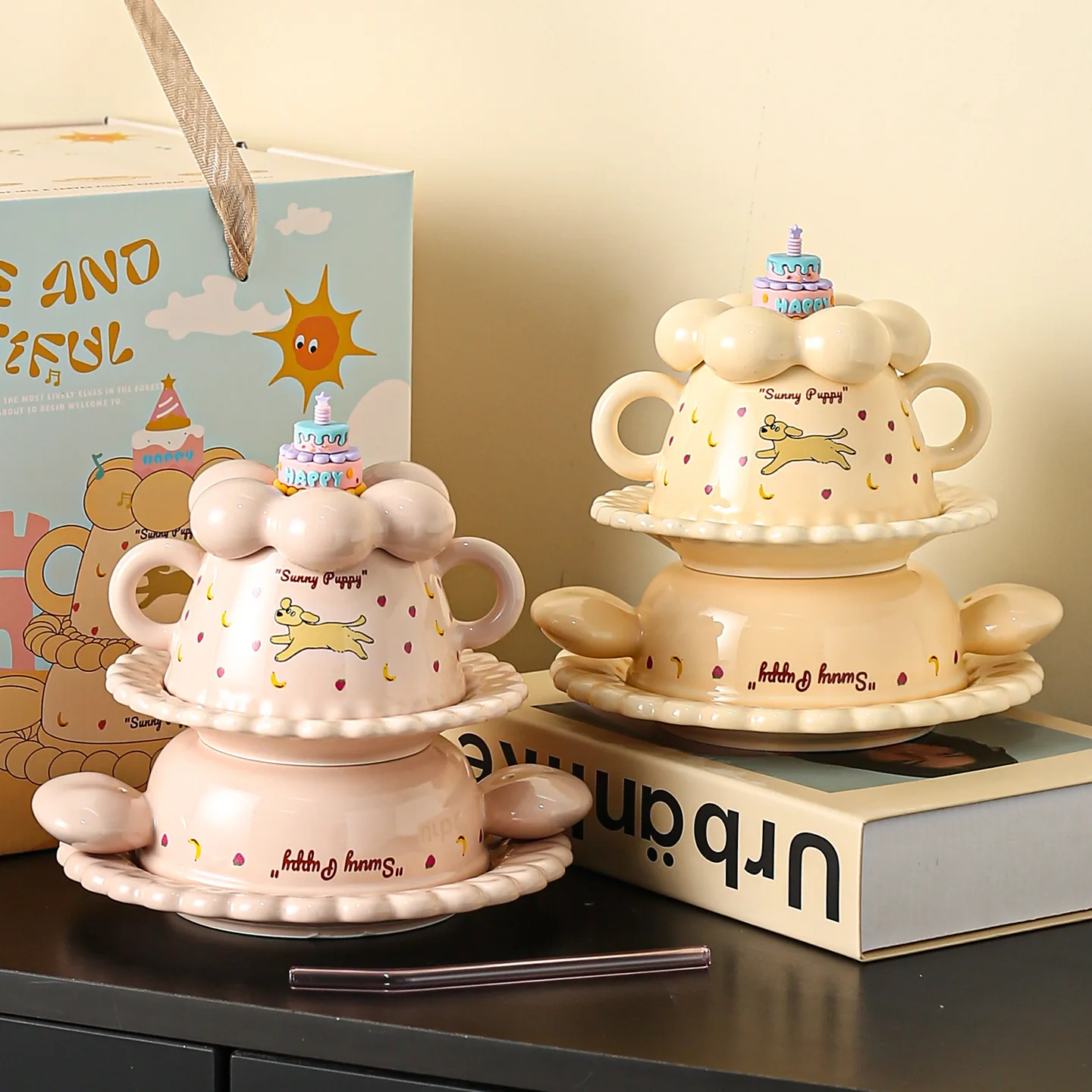 Cake tableware gift box ceramic dish set household cream wind rice bowl tableware gift box