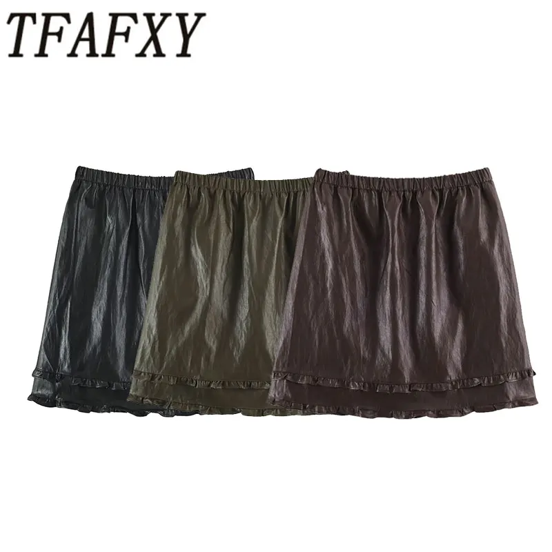 TFAFXY 2026 Autumn Winter Faux Leather Skirt Women Mini Skirt Female High Waist Pleated A-line Short Skirt Ruffle Skirts