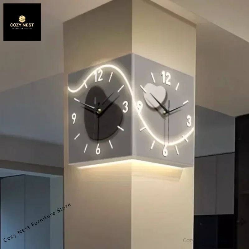 Luxury Corner Two Sides Led Luminous Wall Clock Night Light Living Room Modern Silence Creative Wall Clocks Home Decoration