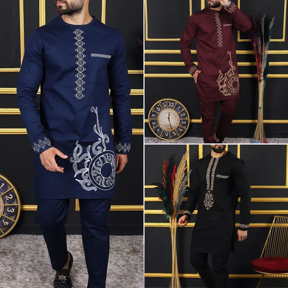 2024 Dashiki 2 pezzi Set Abaya abbigliamento uomo t-shirt pantalone manica lunga elegante stile etnico africano girocollo abiti caftano