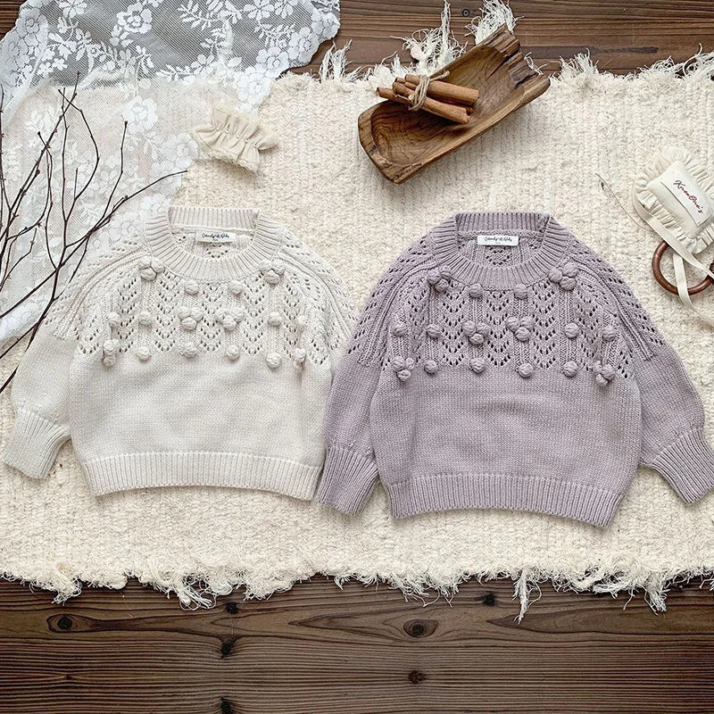 Autum Winter Baby Sweater Handmade ball Knitted Baby Girl Clothes Hollow Round Neck Kids Toddler Girl Pullover Baby Outerwear