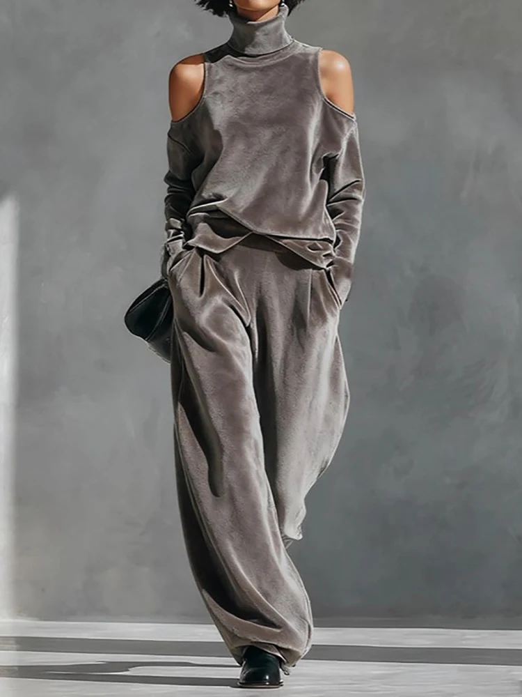 

Водолазка, однотонный топ и повседневные брюки, комплекты из 2 предметов, женские осенние широкие брюки, шикарные наряды, элегантные лоскутные простые женские костюмы