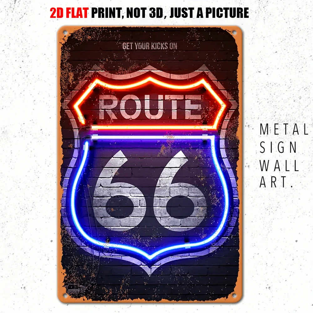 2D Retro Neon Metal Wall Art On Highway 66, Non Illuminated, 12 * 8 Inches With Bright Red And Blue 