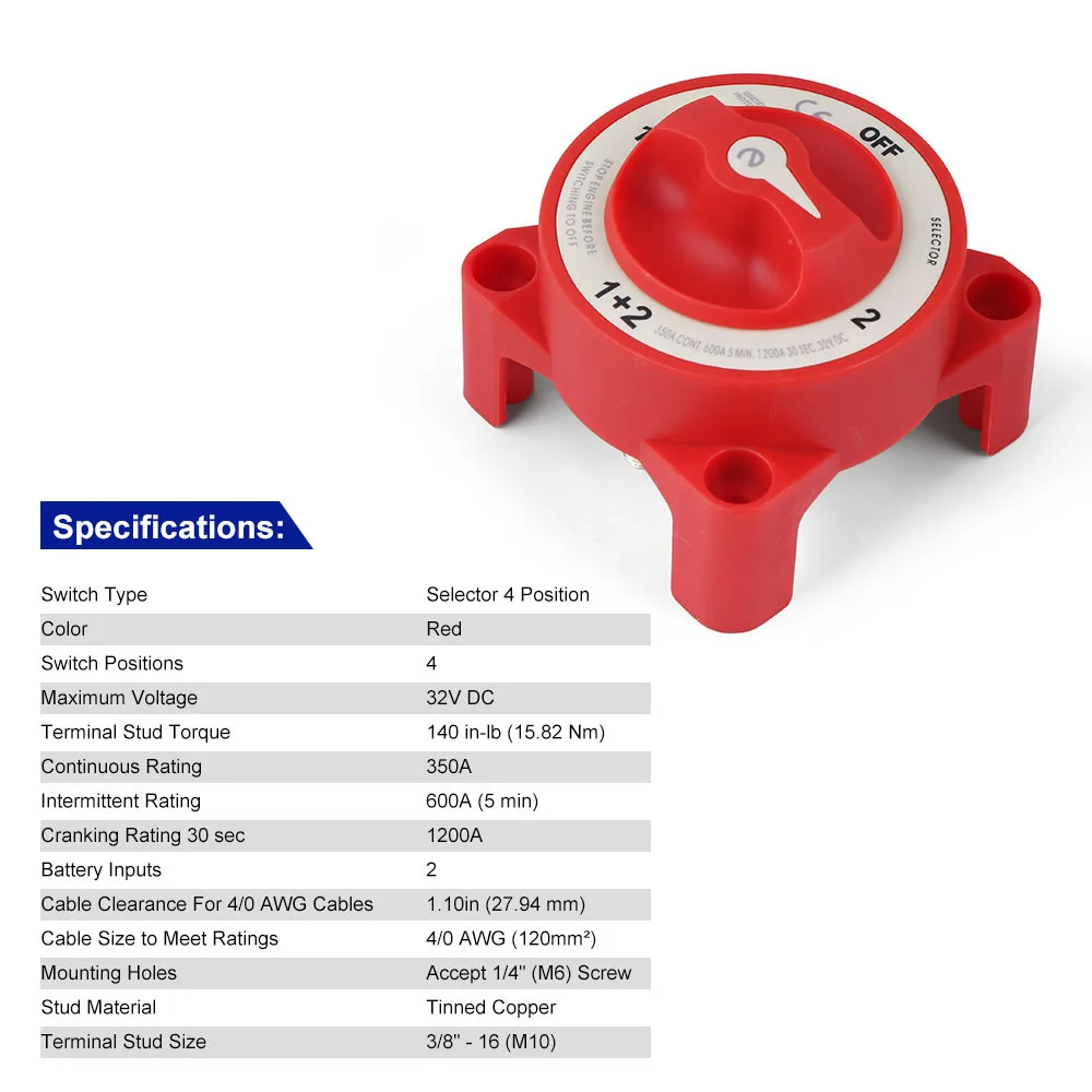 9002E 4 Position 32V 350 Amp E-Series Waterproof Ignition Protected Marine Boat Dual Battery Isolator Switches