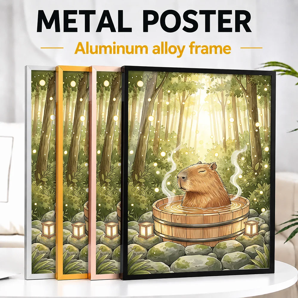 Capybara Relaxing In Hot Tub Framed Aluminum Metal Poster Customized Photo Playful Typography Style Wall Art For Guest Bathroom