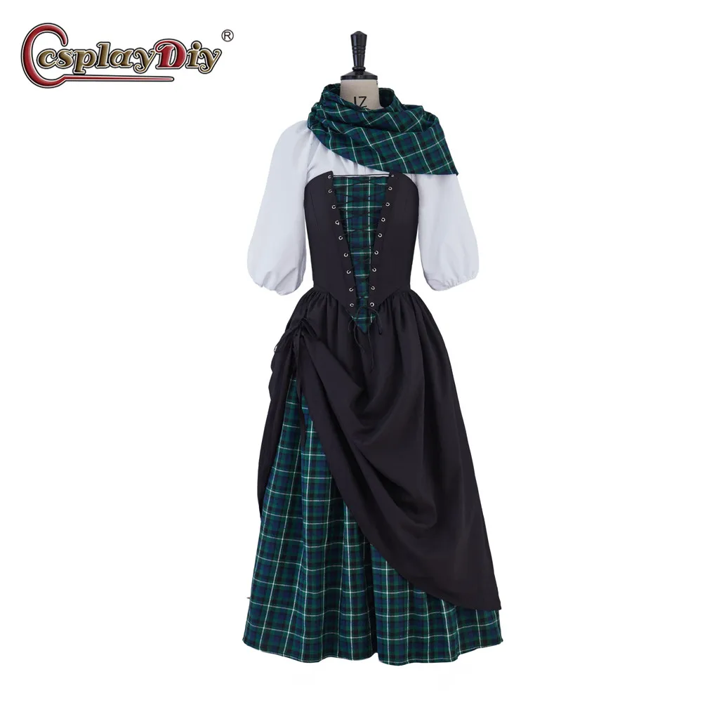 

18th Century Tartan 2 Piece Gown with Shawl Cosplay Outlander Scotland Highland Costume Colonial Dress Women Dress Plaid Gown