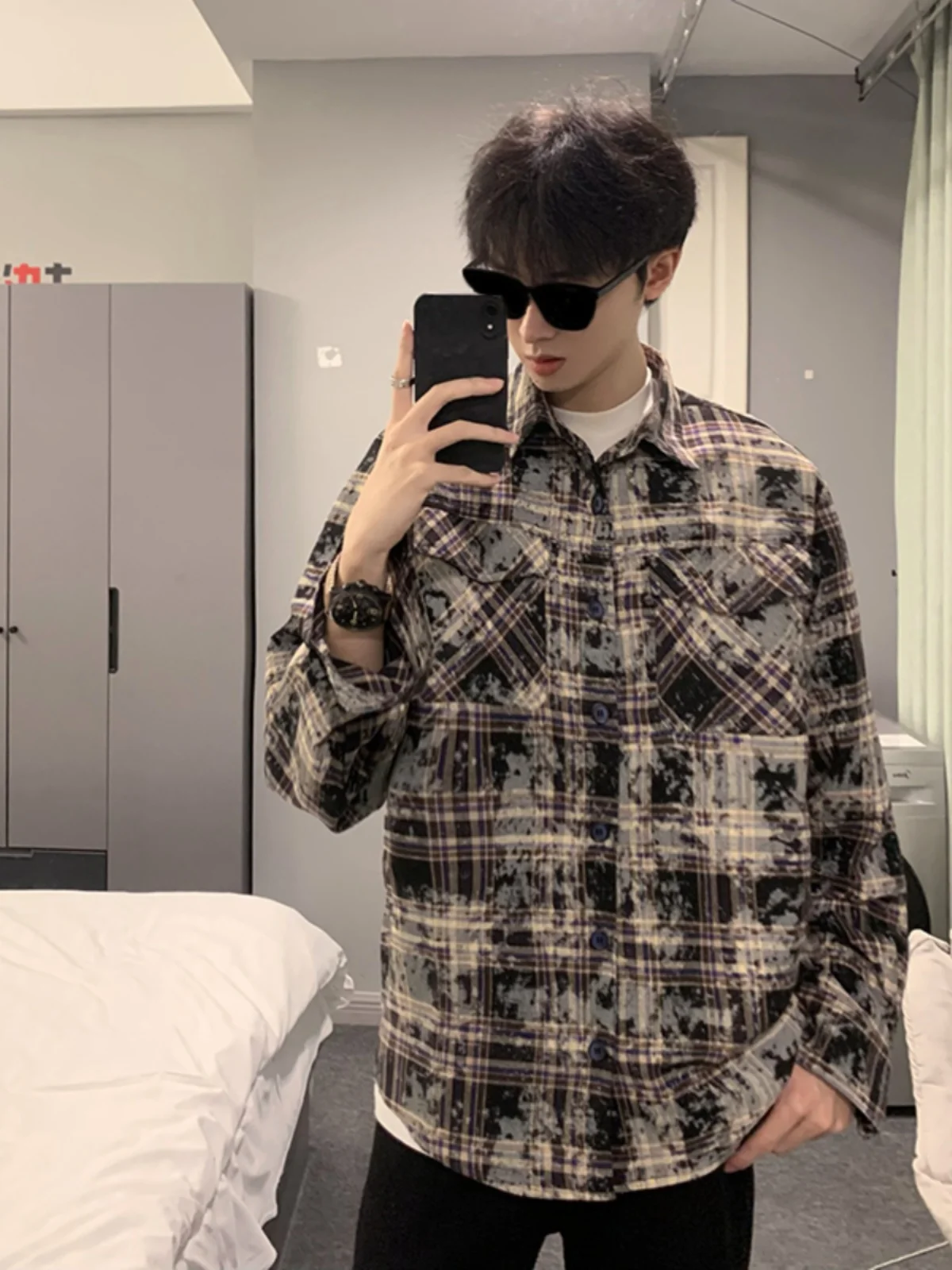 

American Dyed Plaid Long Sve irt Men's Trendy Cool Cheered Striped High-End Feel Cleanfit Early Autumn Outerwear