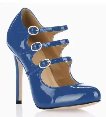 Royal Blue Yellow Patent Leather Three Straps Buckle Pumps Round Toe Shallow Thin Heels Banquet Pumps Woman High Heel Party Shoe