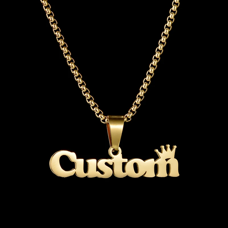 Goxijite Multiple Styles Custom Big Name Necklace Stainless Steel Personalized Crown Thick Chain Pendant Women Men Collar Gift