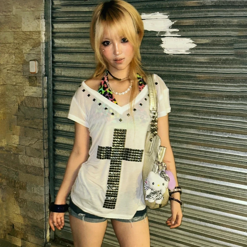 Karrram Japanse Y2k Metal Cross Print T-shirt Vintage Harajuku Korte Mouw Sheer Tops Trashy 2000s V-hals Streetwear Grunge