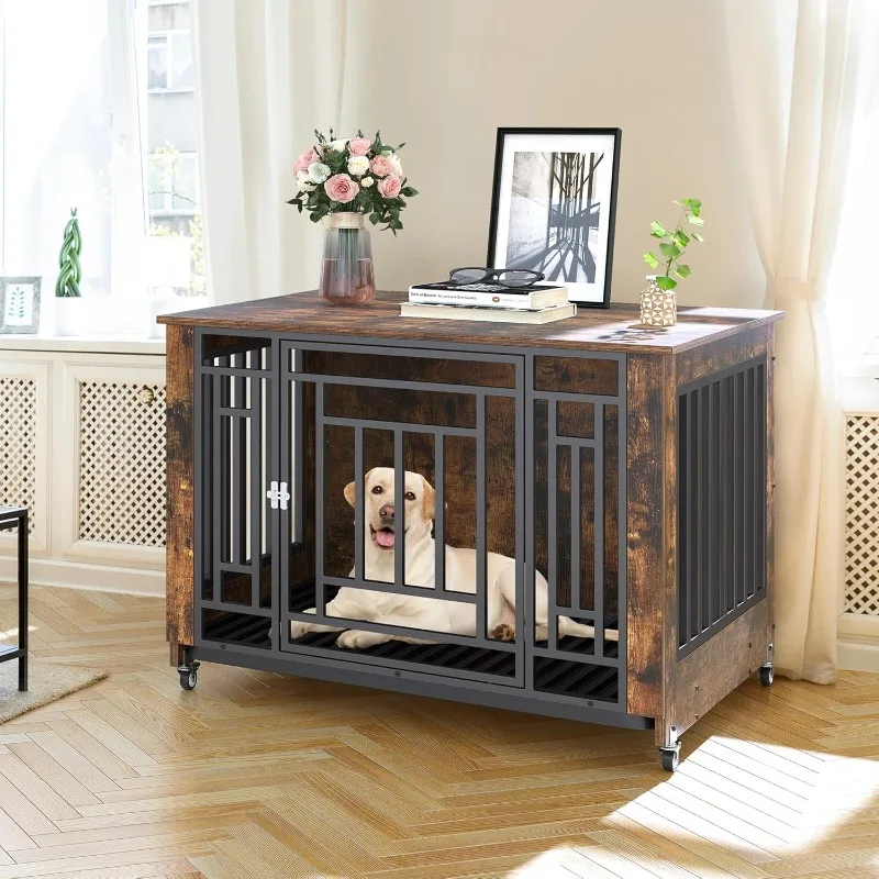 Dog Crate Furniture with Wheels,Heavy Duty Wood Dog Cage Table with Removable Tray,Chew-Resistant Wooden Dog Kennel Indoor