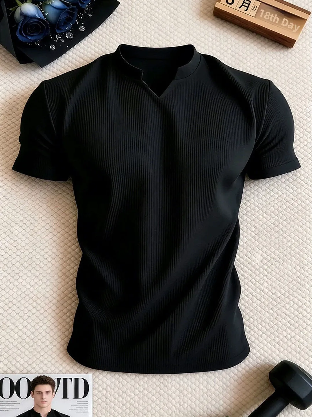 American Textural V-Neck Short Sleeve Thin Ice Silk Threaded Fitness And Sports Style Half Sleeve Men's T-Shirt for Youth