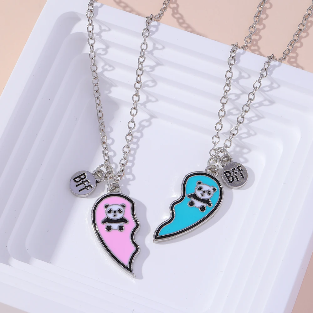 2Pcs/Set Pink And Blue Colors Cute Panda Pattern Heart Puzzle BFF Necklace Women Girls Friendship Jewelry Gift