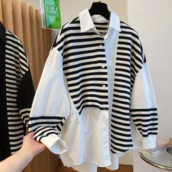 Blusas Femininas Elegantes Loose Fake Two-piece Shirt  Casual Striped Patchwork Shirts Spring Blouse Y2k Top