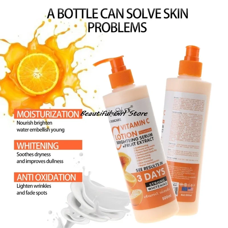 500ml Bodylotion Vitamine-C Hydraterende Voedende Delicate Gladde Reparatie Huid Anti-kloven Verhelderende Huidverzorging Crème