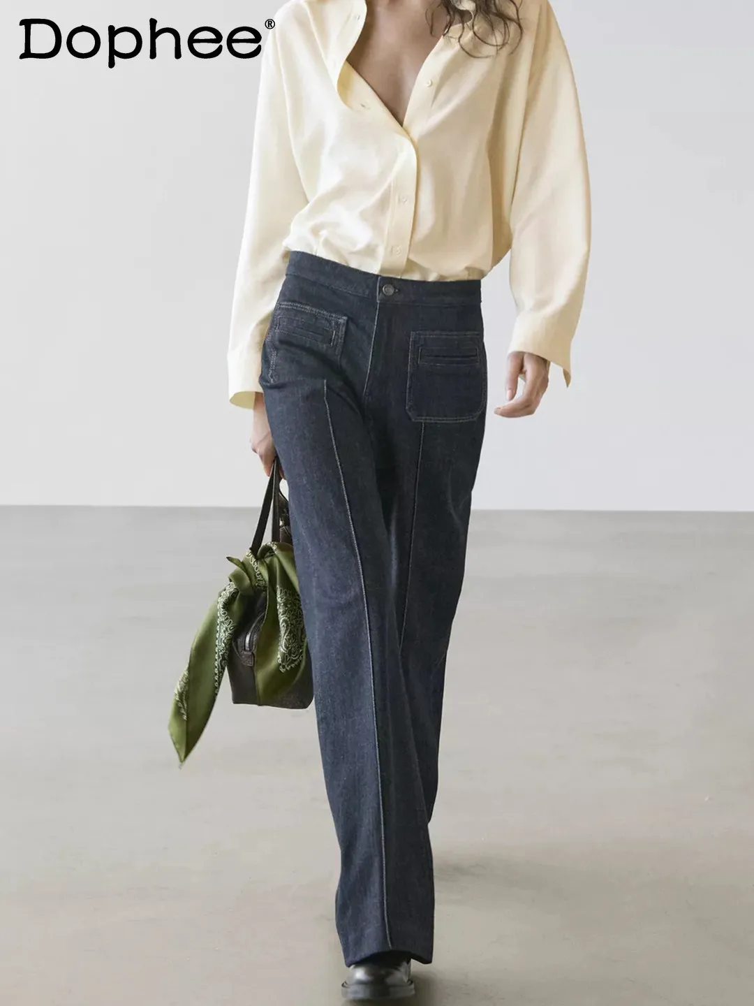 

American Retro Commuter Style Dark Blue Comfortable Cotton High-Waisted Flared Jeans Daily Casual Versatile Women's Long Pants