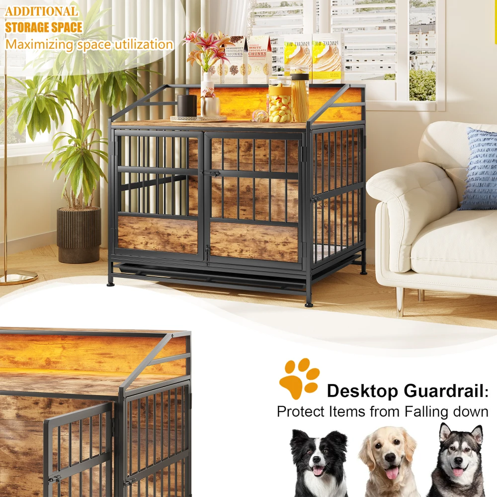 Multi-function Furniture Style Dog Crates with Storage, Dog Crate Furniture Large Wooden Dog Kennel with Double Doors