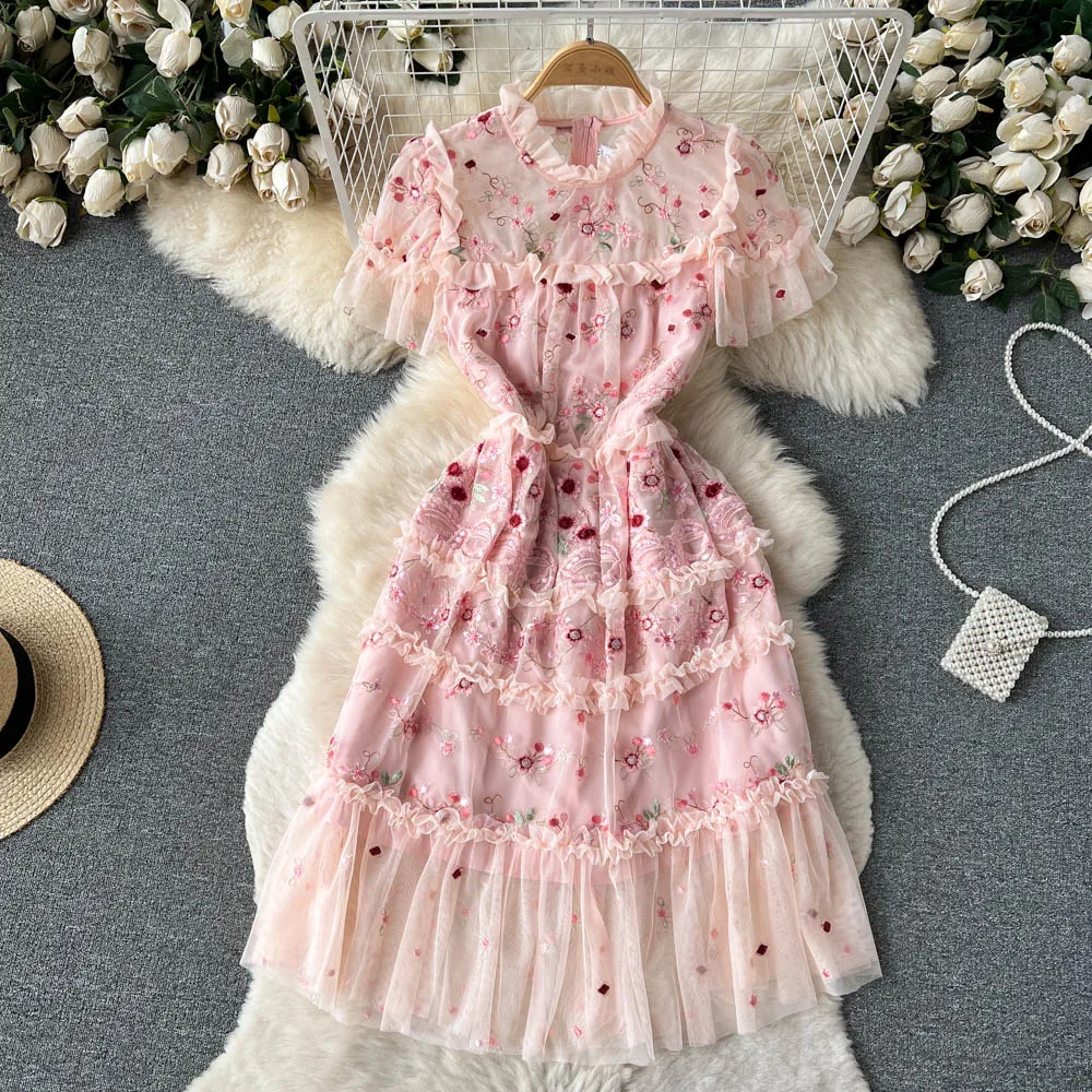 European and American Socialite Summer New Style Wooden Ear Printing Cake Dress Female Machine Embroidery Sweet Pleated