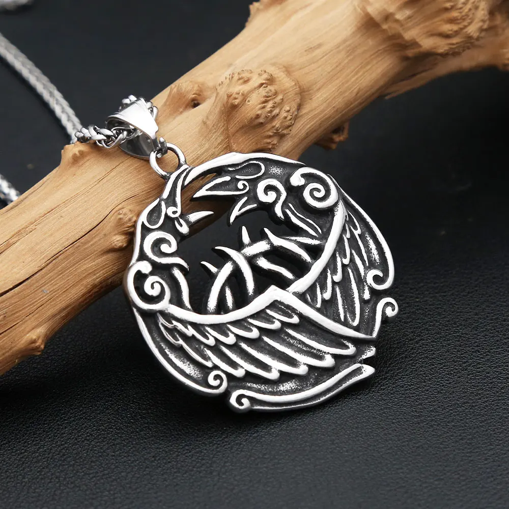 

Vintage Nordic Vikings Double Raven Pendant Necklace 316L Stainless Steel Fashion Punk Men's Odin Amulet Jewelry Gifts Wholesale