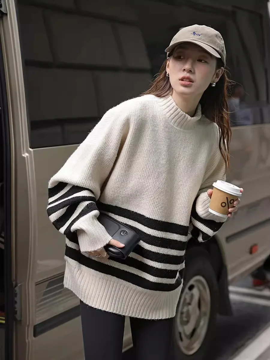 

Кашемировый свитер в полоску с коротким воротником в стиле ретро, женский осенне-зимний новый свободный пуловер, повседневное вязаное пальто, толщина