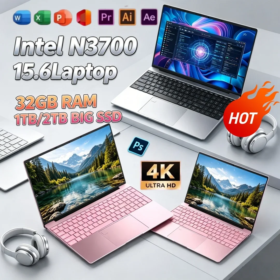 In Stock 2026 New Ultra Slim Laptop Intel N3700 15.6 Inch Three Colors Lightweight Portable Student Office Notebook