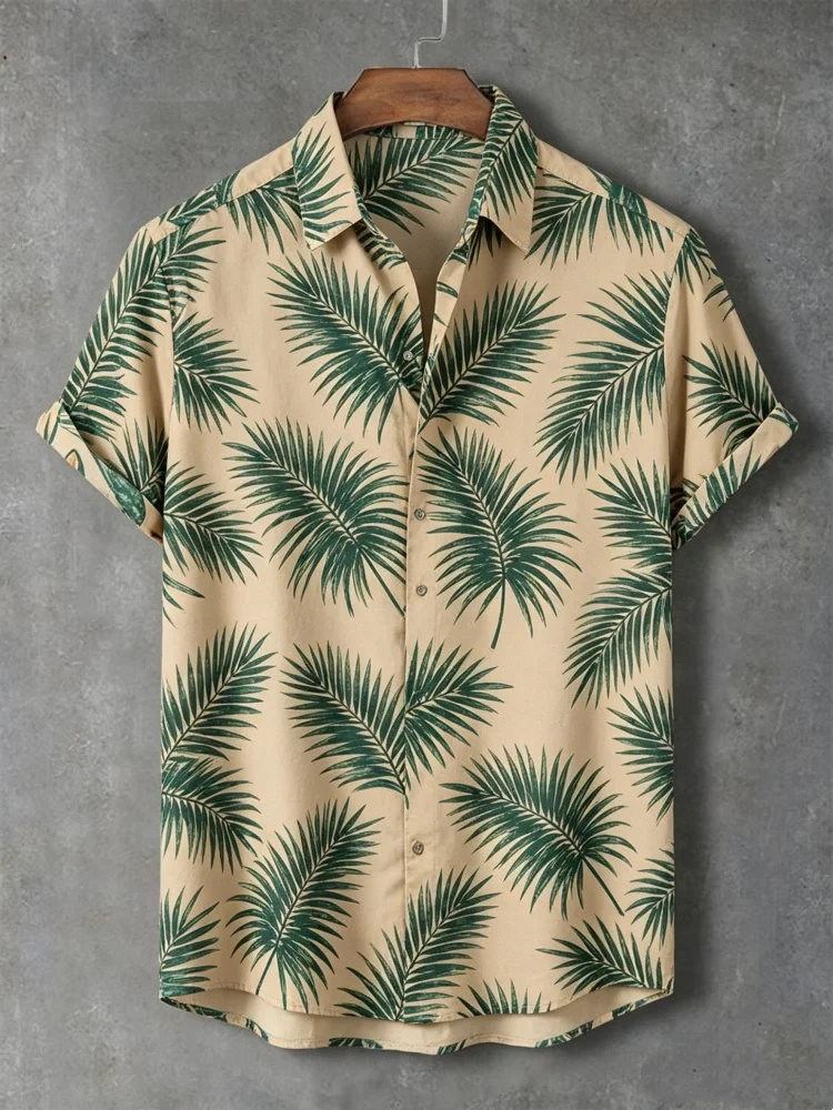 

Men's Short Sleeve Shirt, Loose Breathable Comfort Fit, Beige Tropical Palm Leaf Print Casual Hawaiian Shirt
