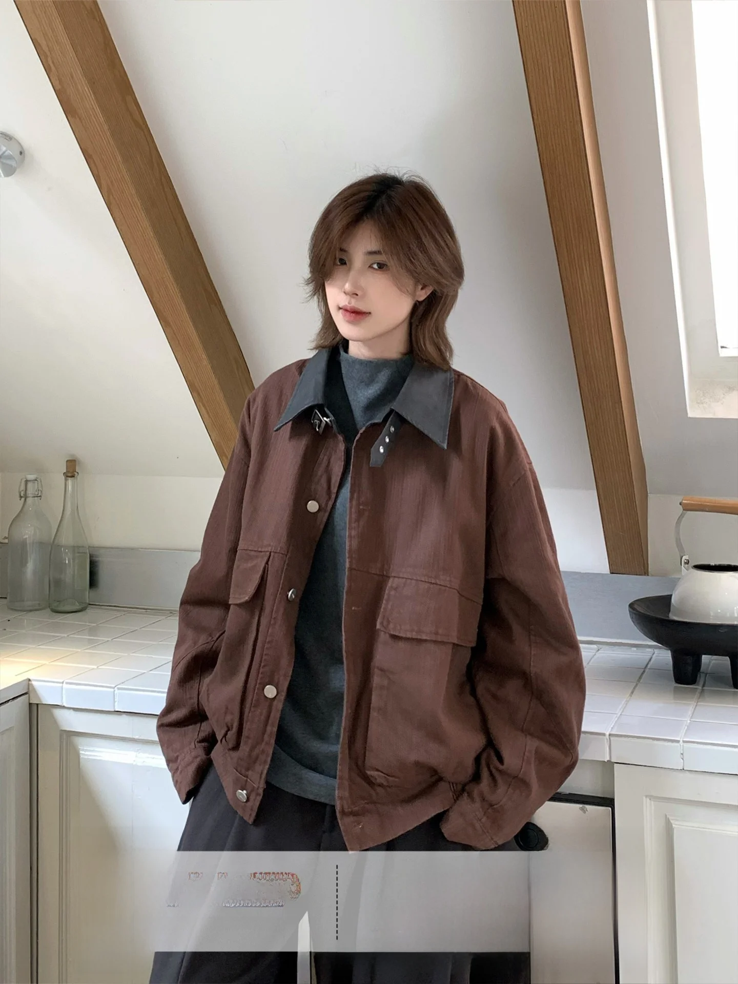 유니섹스 루즈핏 워크웨어 자켓 (큰 포켓, 배색 칼라, 캐주얼 빈티지 스타일, 코튼 소재, 긴팔, 청소년용)