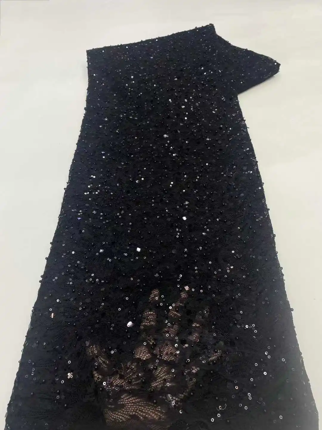 

Black 5 yards High Quality African LaceFabric 2025 French Net Beads and Sequins Fabric Sewing Dress Embroidered Tulle Nigerian