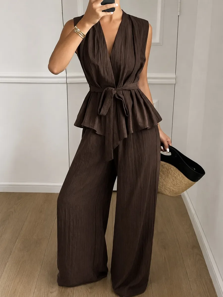 

LIMO Women's V Neck Peplum Vest & Wide Leg Pants 2 Piece Set With Belt Casual Outfit