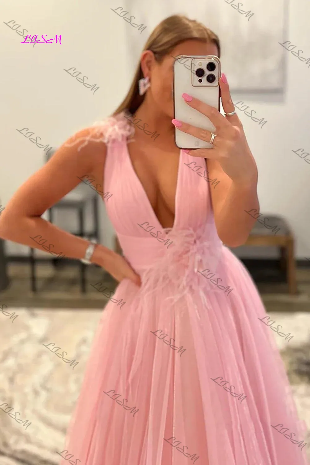 Hellrosa V-Ausschnitt rücken frei Tüll langes Ballkleid sexy ärmel los plus Größe Abendkleider elegante Party kleider für Frauen 2024