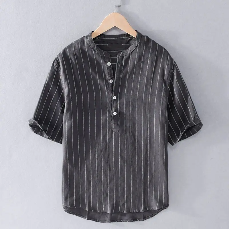 Fashionable Men's Tops Loose and Versatile Striped Stand Collar Short-sleeved Shirt for Men's Summer Fresh Breathable Pullover