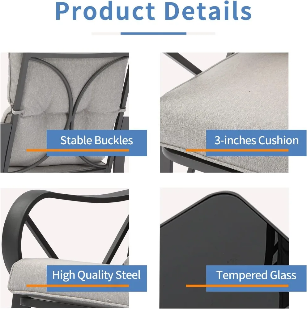 Outdoor 3-Piece Rocking Bistro Set, Modern Patio Furniture Set w Warm Gray Cushion, Glass Coffee Table, Small Rocker