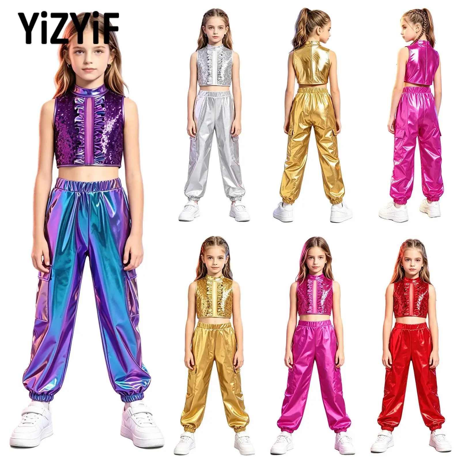 

Kids Girls Jazz Recital Costume Mock Neck Sleeveless Sequin Crop Top Shiny Pants Stage Competition Dance Performance Wear