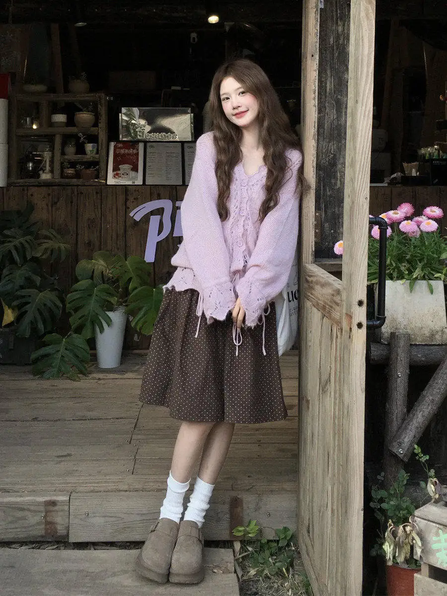

Ladies Purple Knitted Open Cardigan Spring Fashion Soft Hook Hollow out Design Loose Fit Comfortable Breathable V-Neck Long S...