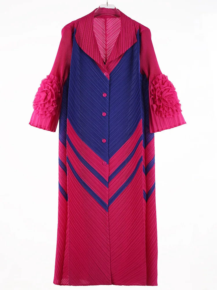 Sukienka 2026 Mały Kołnierzyk Kwiatowy Guzikowy Rozmiar S Siedem ósmych Rękaw Plisowany Kardigan Długa Sukienka Letnia Odzież Bliski Wschód