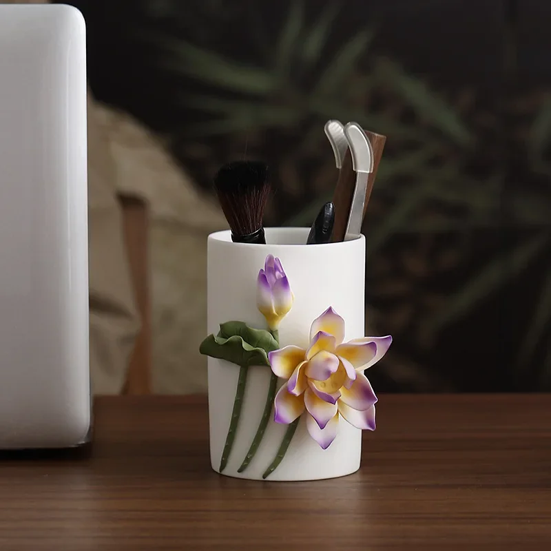 Ceramic Simulation Hand-kneaded Lotus Pen Holder Vase Home Living Room Office Desktop Decoration Lotus Ornaments