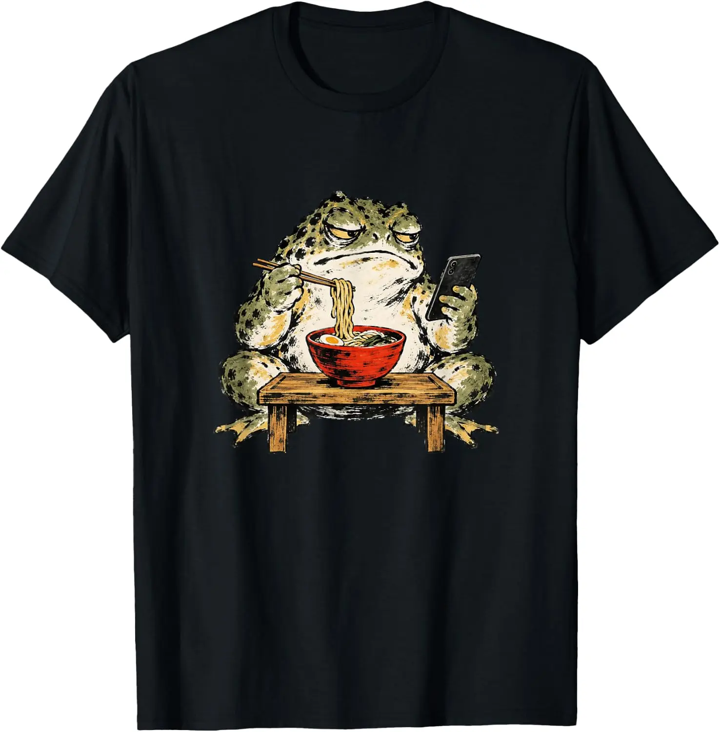 Scroll Phone Funny Grumpy Frog Eating Ramen T-Shirt Unisex Unique Graphic Print T‑Shirt Soft Cotton Casual Crew Neck Short Sleeve Tee For Men Women Daily Fashion Tops.Graphic Tee,Print T Shirt,Crew Neck,Short Sleeve.