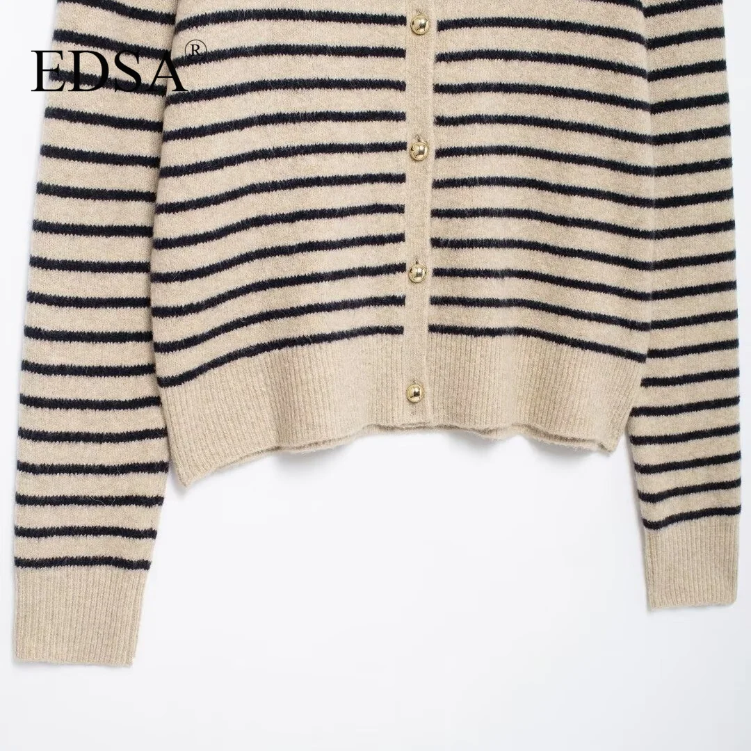 EDSA Women Striped Knit Cardigan O-neck Long Sleeves Ribbed Trims with Golden Button Casual Sweater Coat