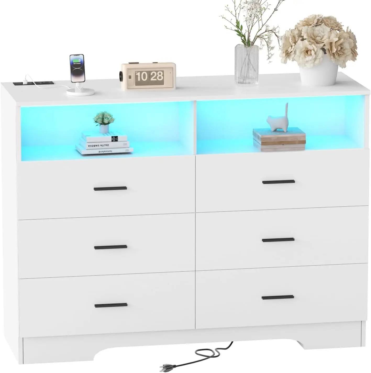 Power Outlets and LED Lights Wooden 6 Drawer Dresser with Large Organizer Tall White Dresser for Bedroom Chest of Drawers Closet