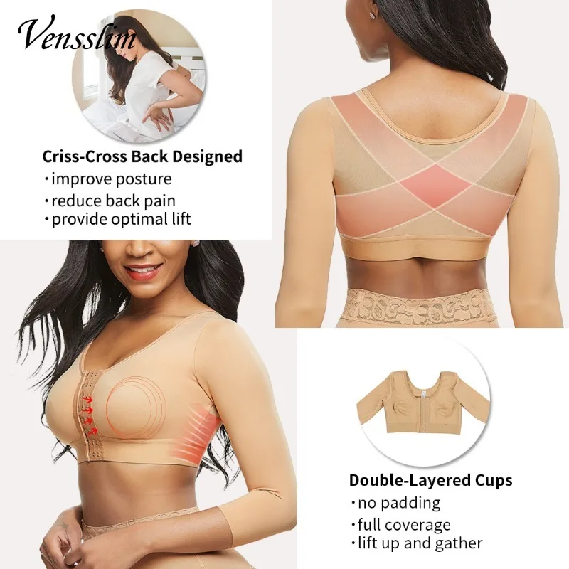 Women Arm Shapers Soft Intimates Daily Underwear Body Shaper Long Sleeves Front Entry Push Up Wire-Free Sports Bra with Hooks