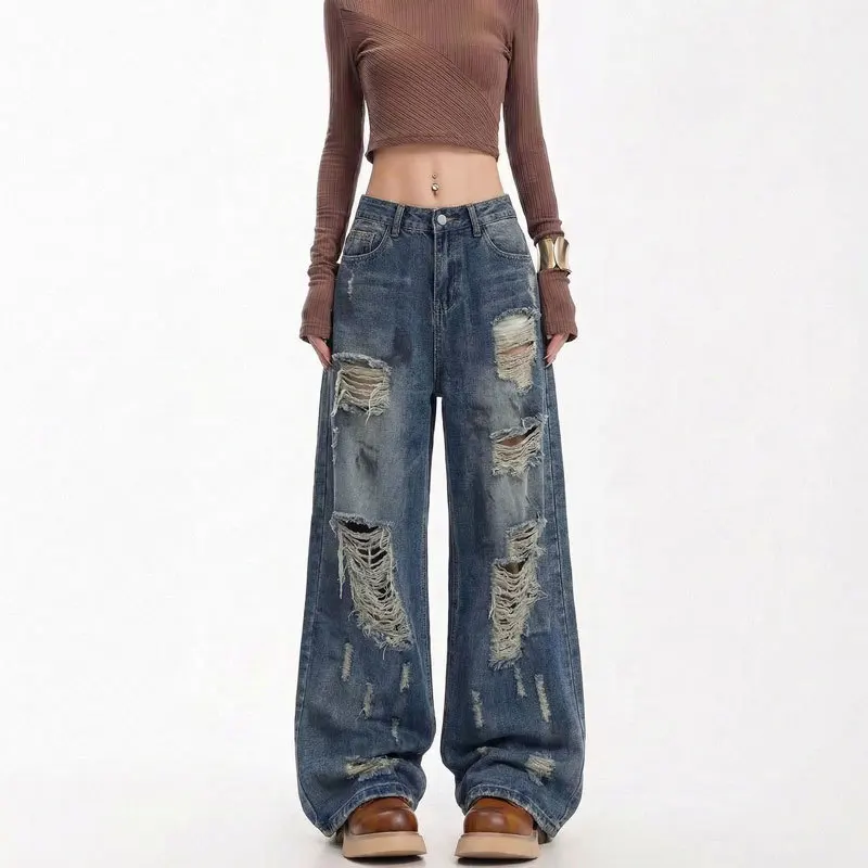 

New High Waist 2026 Retro Old Ripped Jeans Women's Loose Versatile and Thin Straight Trousers