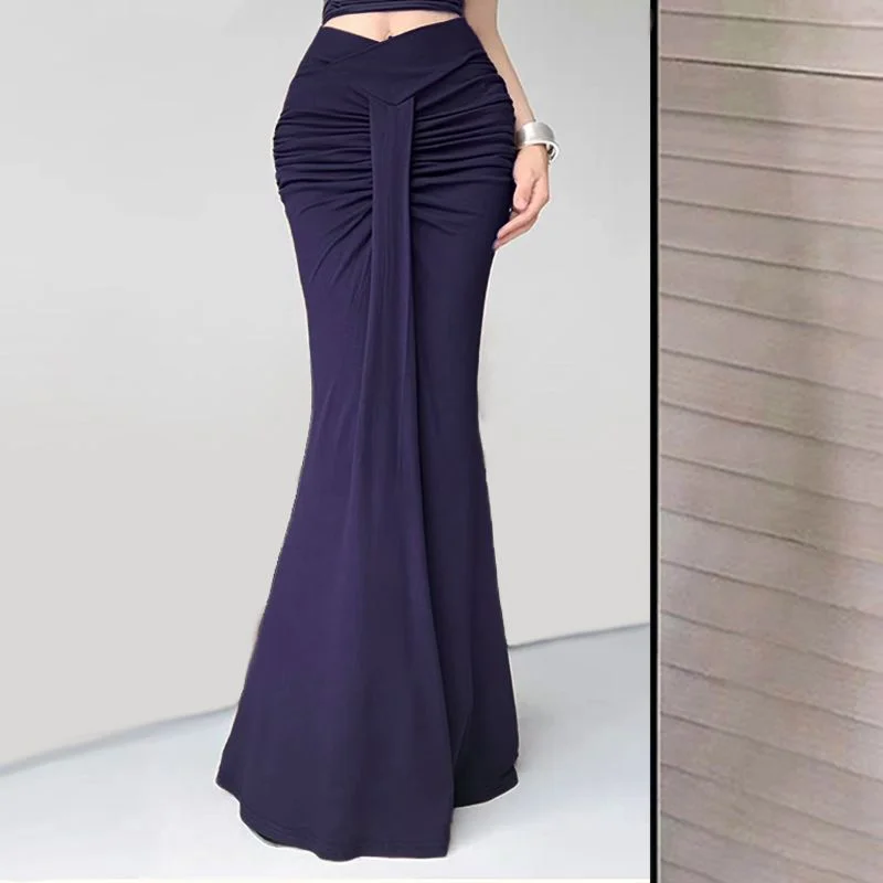 Women's Navy Blue Ruched Wrap Maxi Skirt High Waist Mermaid Flared Long Party Evening Skirt