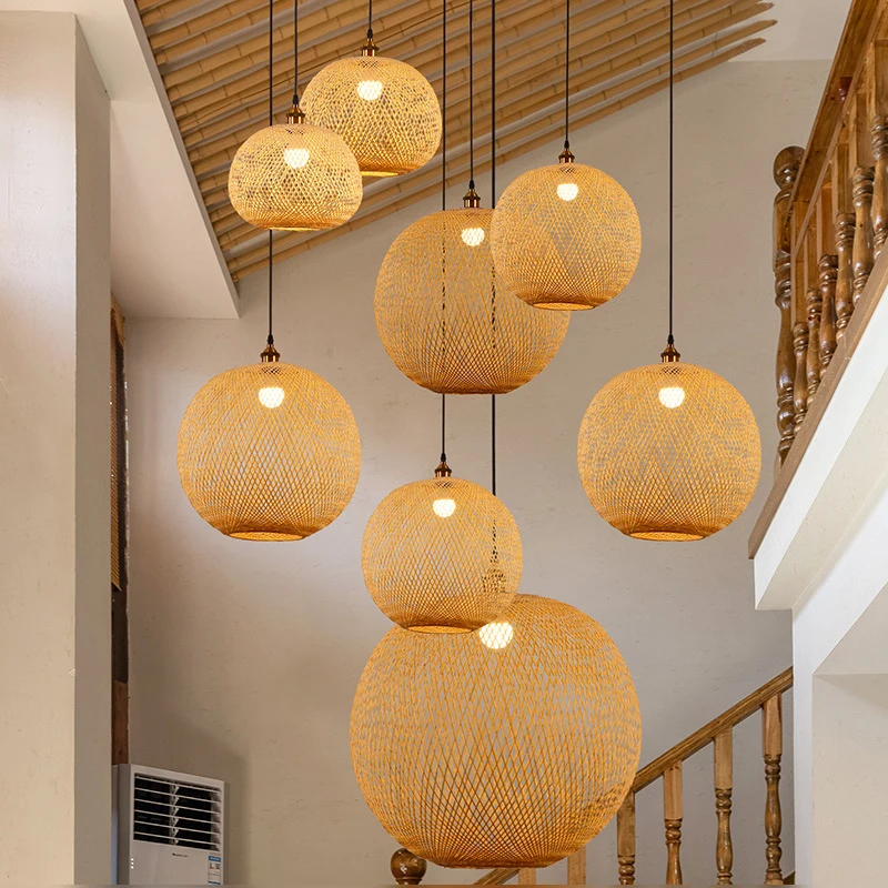 Large size modern woven chandelier dark bamboo scallop lampshade hemp rope rattan medium wood chandelier