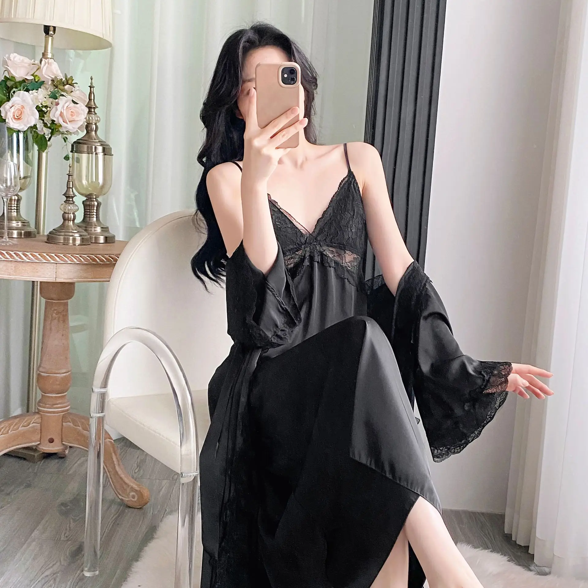 

Summer New Women's Nighty&Robe Set Loungewear Sexy Patchwork Lace Nightgown Lingerie Loose Casual Ice Silk Bathrobe Home Dress