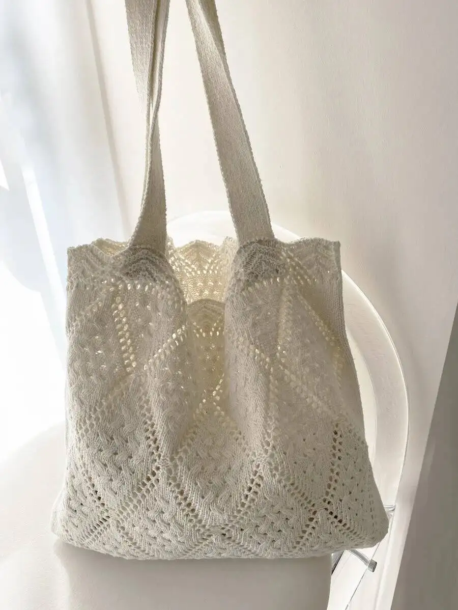 

Women's Crocheted Tote Bag, Hollow Solid Color, Vacation Style For Going Out Shopping.